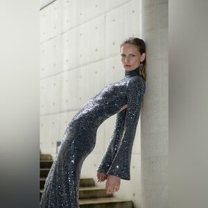 Galvan London Legato Sequin Long Sleeve Midi Dress